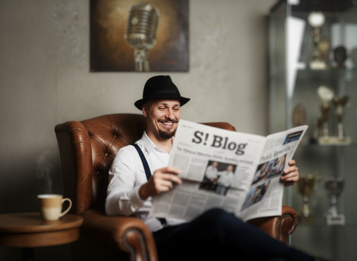 4b3cc4a5-49c2-40a8-9983-57ef41d83570 Eine Person liest eine Zeitung mit dem Titel „S! Blog“